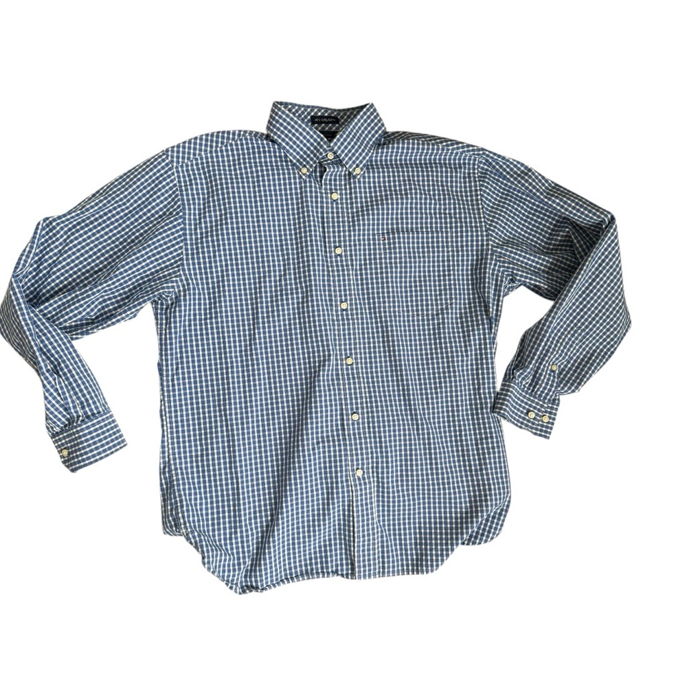Vtg y2k Tommy Hilfiger blue white checkered button down shirt men medium 2 ply